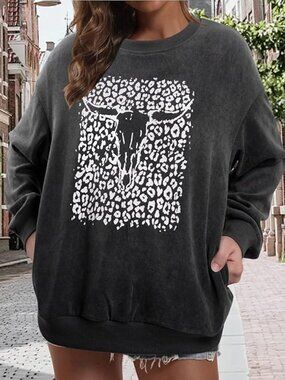 Boho‎ Cow Skull Sweatshirt Women: Cowgirl Sweater Vintage Western Rodeo Graphic